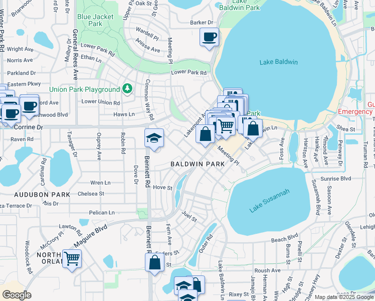 map of restaurants, bars, coffee shops, grocery stores, and more near 4556 Virginia Drive in Orlando
