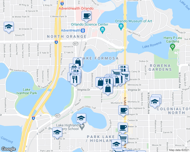 map of restaurants, bars, coffee shops, grocery stores, and more near 1617 Asher Lane in Orlando