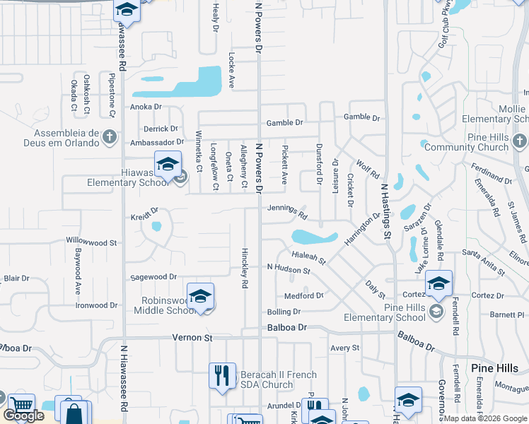 map of restaurants, bars, coffee shops, grocery stores, and more near 6302 Jennings Road in Orlando