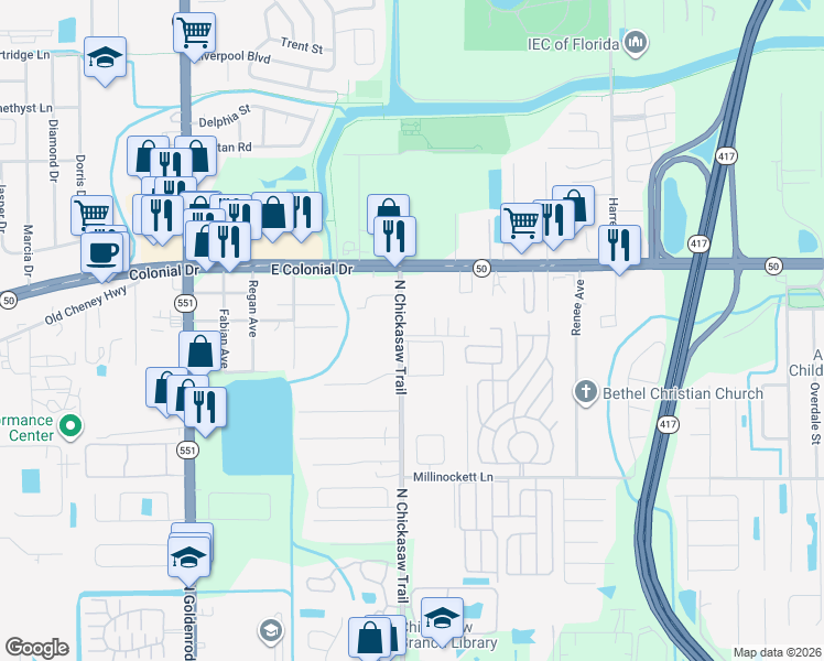 map of restaurants, bars, coffee shops, grocery stores, and more near 1657 North Chickasaw Trail in Orlando