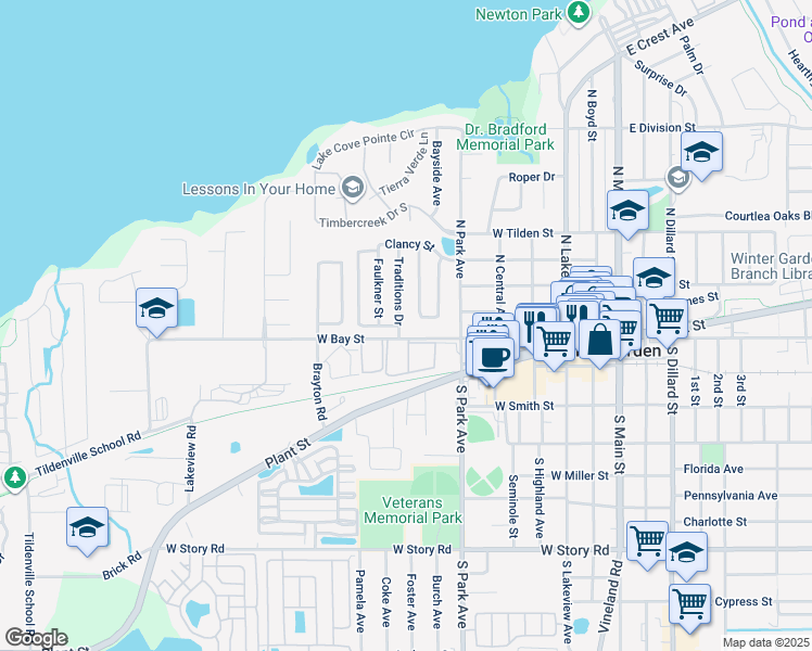 map of restaurants, bars, coffee shops, grocery stores, and more near 107 Traditions Drive in Winter Garden