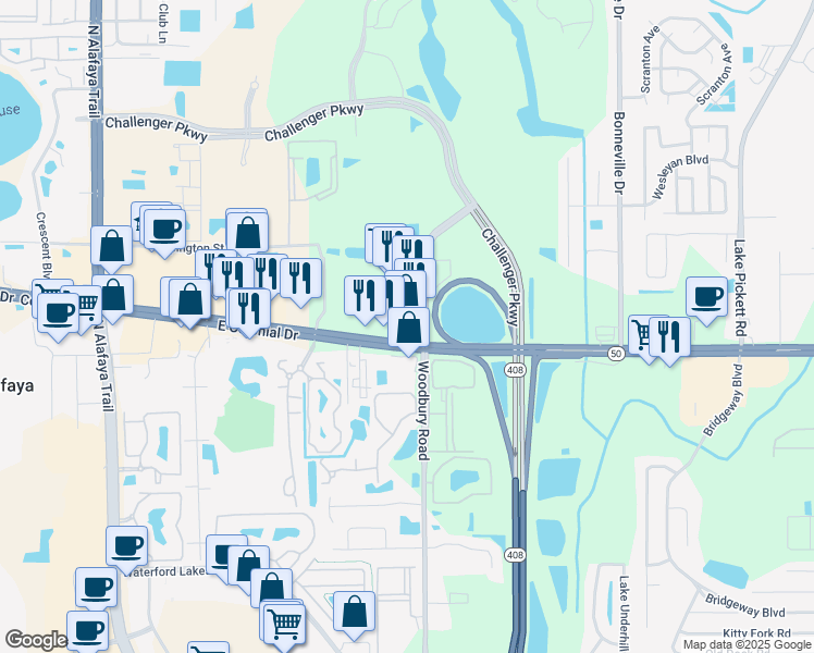 map of restaurants, bars, coffee shops, grocery stores, and more near 12321 East Colonial Drive in Orlando