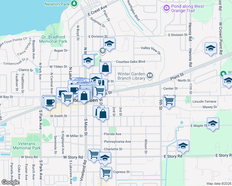 map of restaurants, bars, coffee shops, grocery stores, and more near 290 East Plant Street in Winter Garden