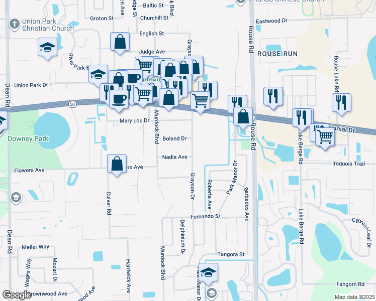 map of restaurants, bars, coffee shops, grocery stores, and more near 10651 Nadia Avenue in Orlando