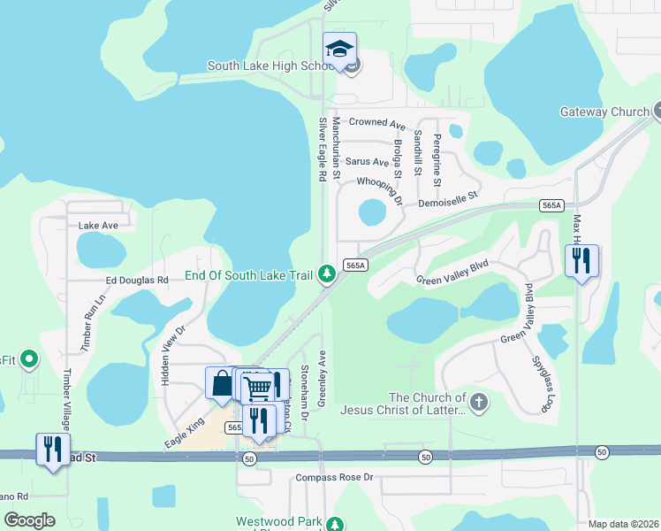 map of restaurants, bars, coffee shops, grocery stores, and more near 1405 Whooping Drive in Groveland