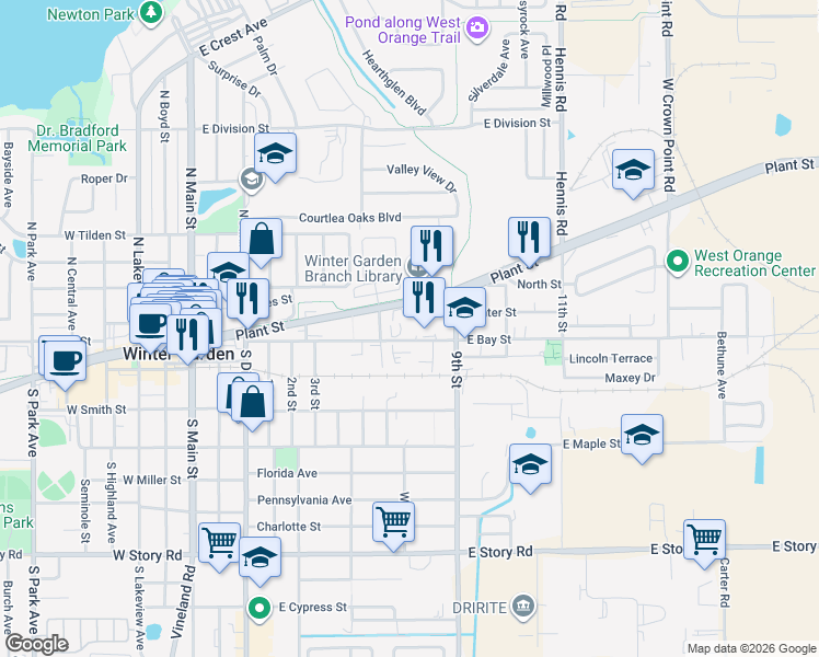 map of restaurants, bars, coffee shops, grocery stores, and more near 601 East Bay Street in Winter Garden