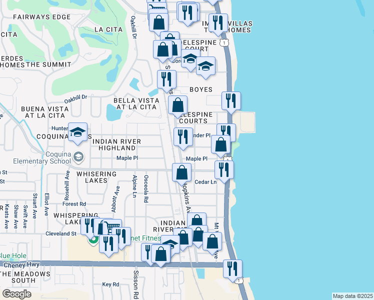 map of restaurants, bars, coffee shops, grocery stores, and more near 313 Delespine Avenue in Titusville