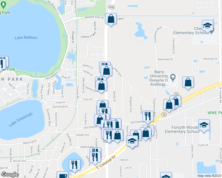 map of restaurants, bars, coffee shops, grocery stores, and more near 1427 North Semoran Boulevard in Orlando