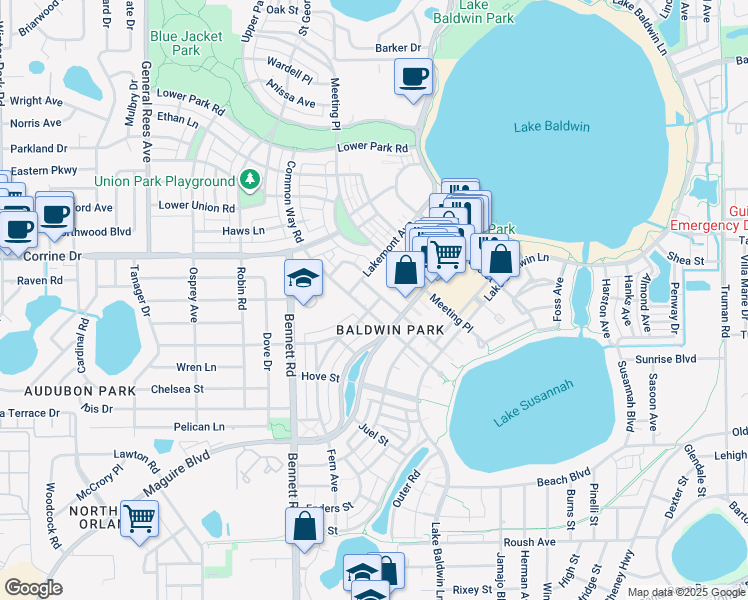 map of restaurants, bars, coffee shops, grocery stores, and more near 4556 Virginia Drive in Orlando
