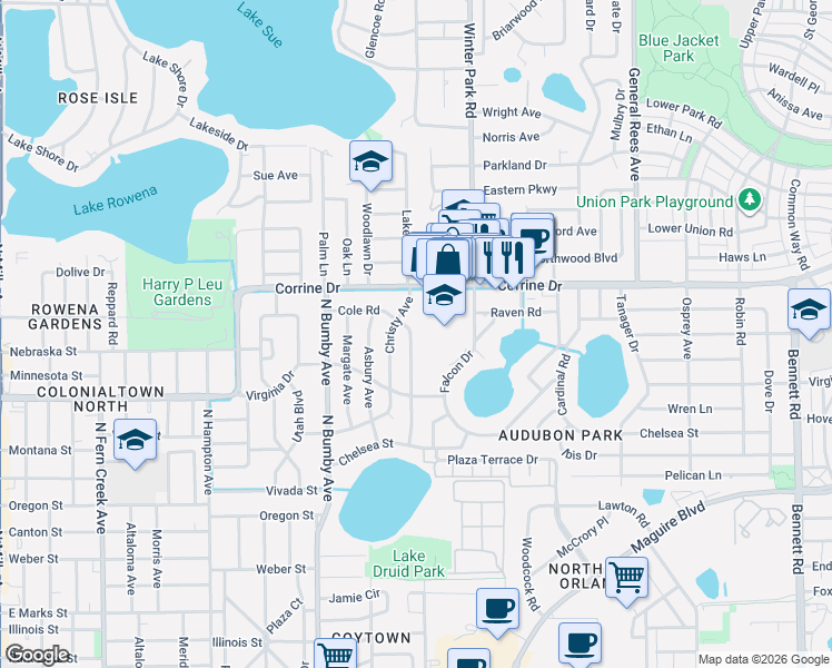 map of restaurants, bars, coffee shops, grocery stores, and more near 1609 Cole Road in Orlando
