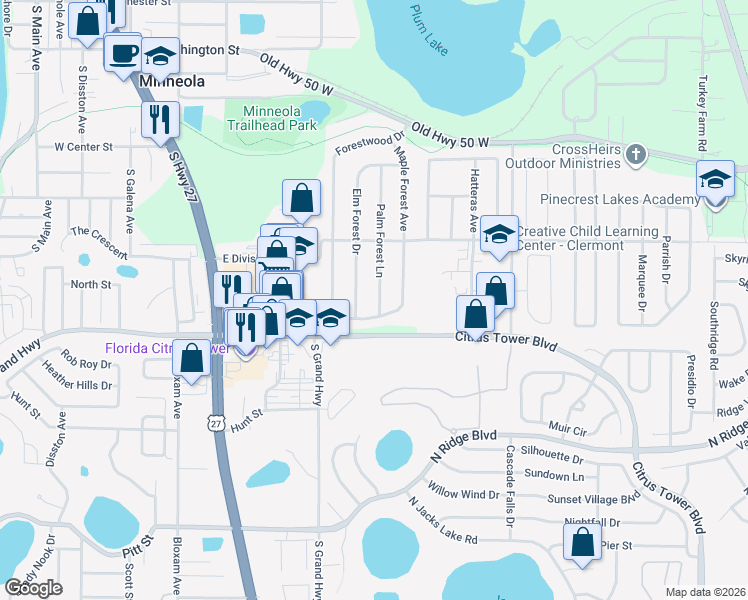 map of restaurants, bars, coffee shops, grocery stores, and more near 921 Elm Forest Drive in Minneola