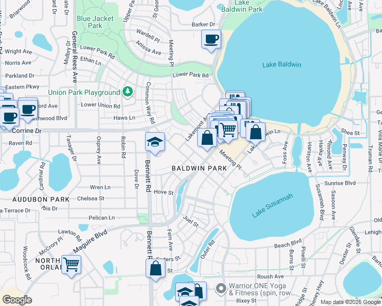 map of restaurants, bars, coffee shops, grocery stores, and more near 4556 Virginia Drive in Orlando