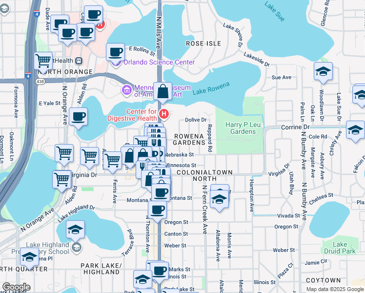 map of restaurants, bars, coffee shops, grocery stores, and more near 1617 Flamingo Drive in Orlando