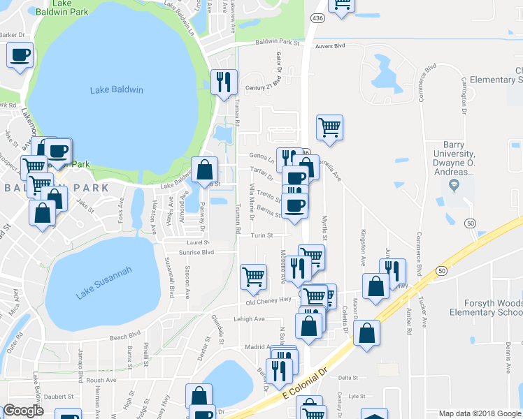 map of restaurants, bars, coffee shops, grocery stores, and more near 5504 Barma Street in Orlando