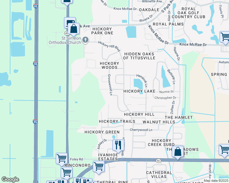 map of restaurants, bars, coffee shops, grocery stores, and more near 4201 Grovewood Lane in Titusville