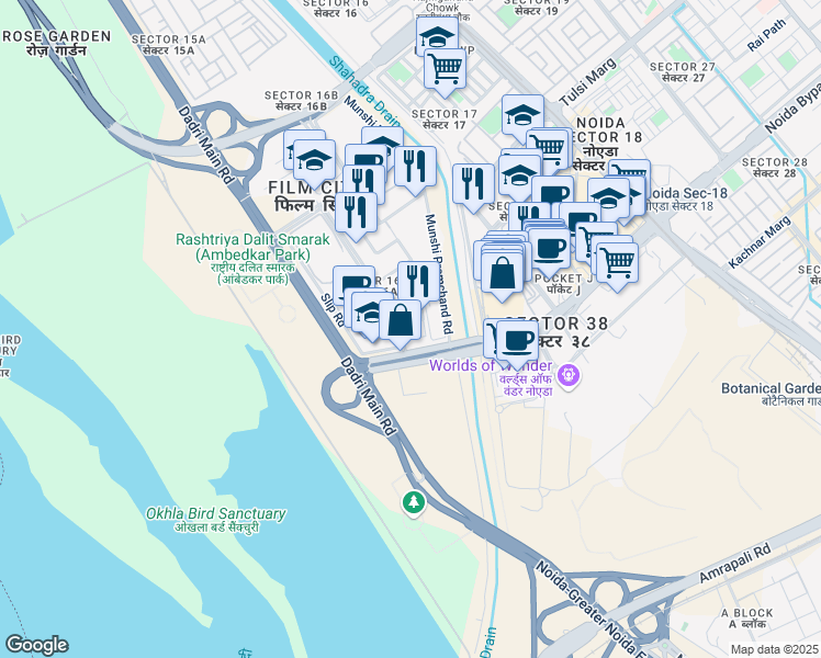 map of restaurants, bars, coffee shops, grocery stores, and more near in Noida