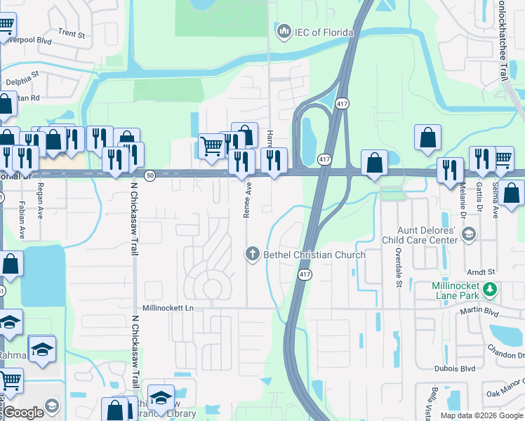 map of restaurants, bars, coffee shops, grocery stores, and more near 1617 Renee Avenue in Orlando
