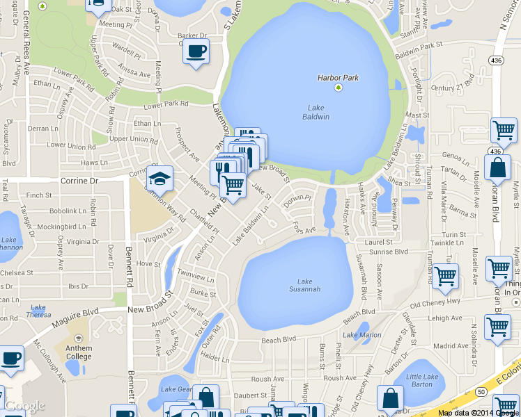 map of restaurants, bars, coffee shops, grocery stores, and more near 1483 Lake Baldwin Lane in Orlando