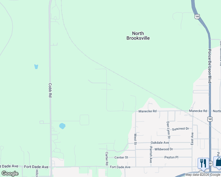 map of restaurants, bars, coffee shops, grocery stores, and more near 19653 Manecke Road in Brooksville