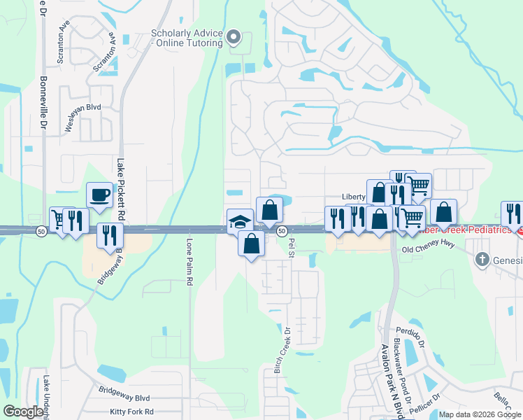 map of restaurants, bars, coffee shops, grocery stores, and more near 14300 Fiddlesticks Court in Orlando