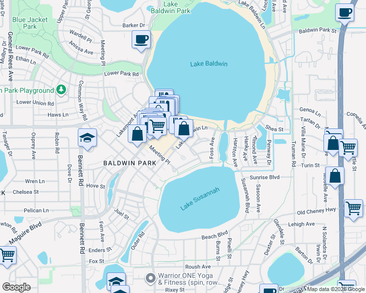 map of restaurants, bars, coffee shops, grocery stores, and more near 5038 Fenwood Lane in Orlando