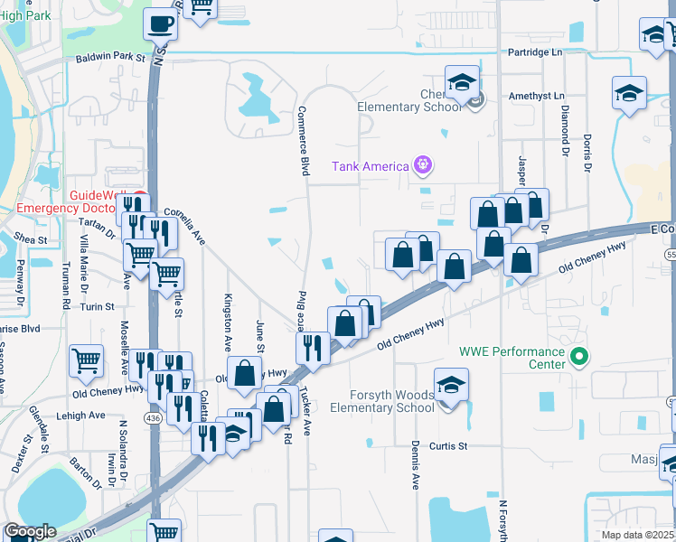 map of restaurants, bars, coffee shops, grocery stores, and more near 6441 East Colonial Drive in Orlando