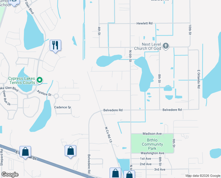 map of restaurants, bars, coffee shops, grocery stores, and more near 18259 Cedarhurst Road in Orlando