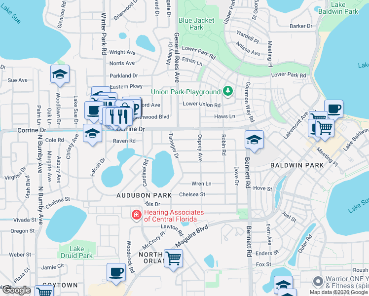 map of restaurants, bars, coffee shops, grocery stores, and more near 3632 Bobolink Lane in Orlando