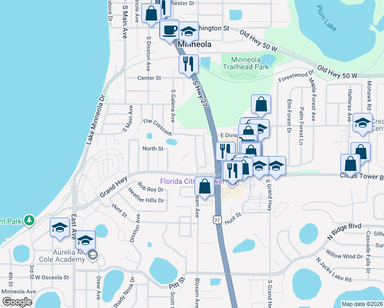 map of restaurants, bars, coffee shops, grocery stores, and more near 608 Brooke Court in Clermont