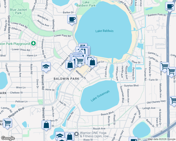 map of restaurants, bars, coffee shops, grocery stores, and more near 1483 Lake Baldwin Lane in Orlando