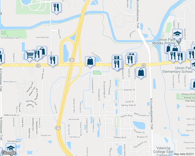 map of restaurants, bars, coffee shops, grocery stores, and more near 1606 Overdale Street in Orlando