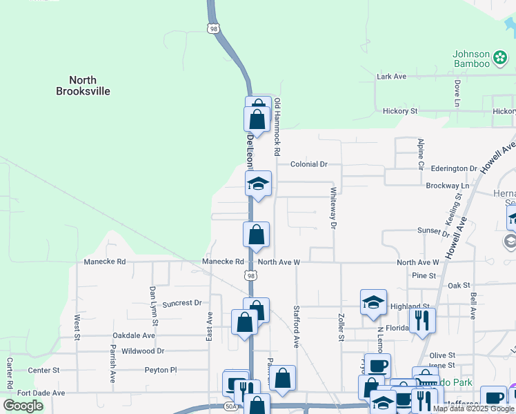 map of restaurants, bars, coffee shops, grocery stores, and more near 959 Ponce De Leon Boulevard in Brooksville