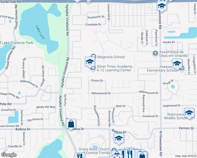 map of restaurants, bars, coffee shops, grocery stores, and more near 7222 Pinion Drive in Orlando