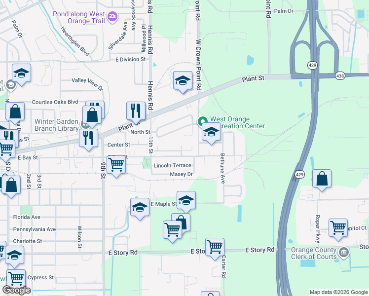 map of restaurants, bars, coffee shops, grocery stores, and more near 1053 Horizon Street in Winter Garden