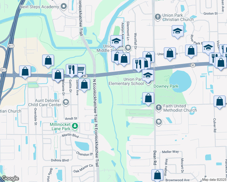 map of restaurants, bars, coffee shops, grocery stores, and more near 1530 Rivers Edge Drive in Orlando