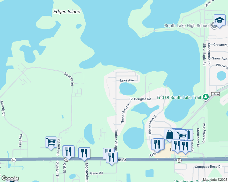 map of restaurants, bars, coffee shops, grocery stores, and more near 15029 Timber Village Road in Groveland