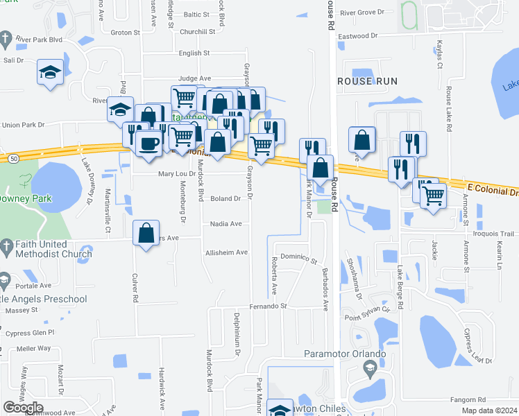 map of restaurants, bars, coffee shops, grocery stores, and more near 1633 Grayson Dr in Orlando