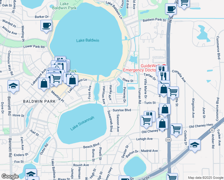 map of restaurants, bars, coffee shops, grocery stores, and more near 1578 Hanks Avenue in Orlando