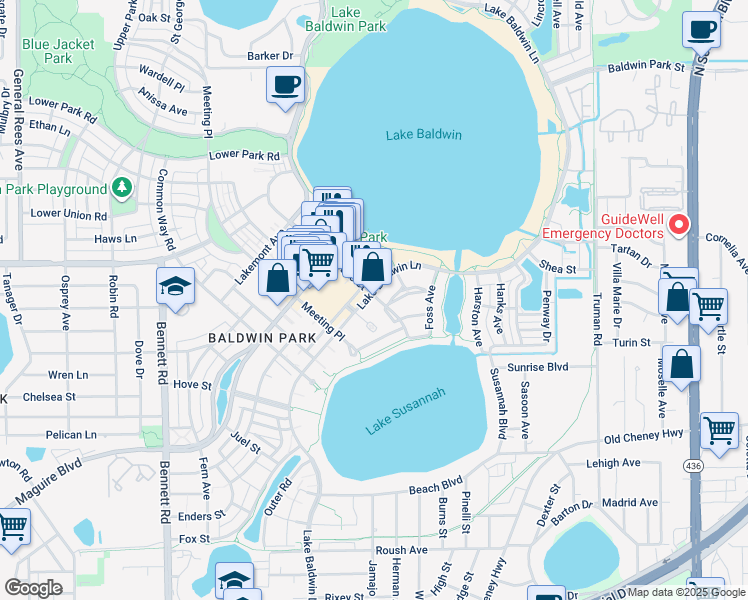 map of restaurants, bars, coffee shops, grocery stores, and more near 5038 Fenwood Lane in Orlando