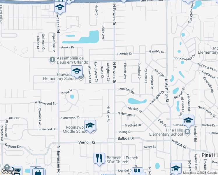 map of restaurants, bars, coffee shops, grocery stores, and more near 6302 Jennings Road in Orlando
