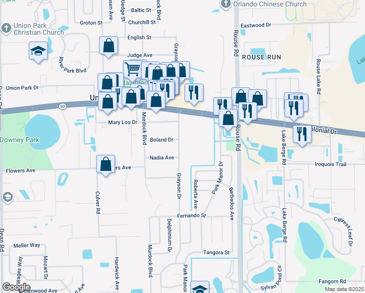 map of restaurants, bars, coffee shops, grocery stores, and more near 10651 Nadia Avenue in Orlando