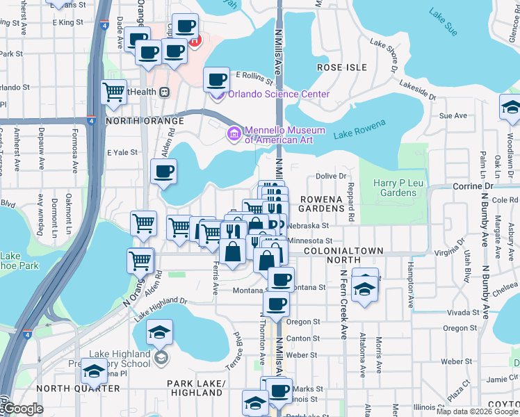 map of restaurants, bars, coffee shops, grocery stores, and more near 1617 Haven Drive in Orlando