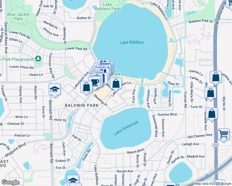 map of restaurants, bars, coffee shops, grocery stores, and more near 5038 Fenwood Lane in Orlando