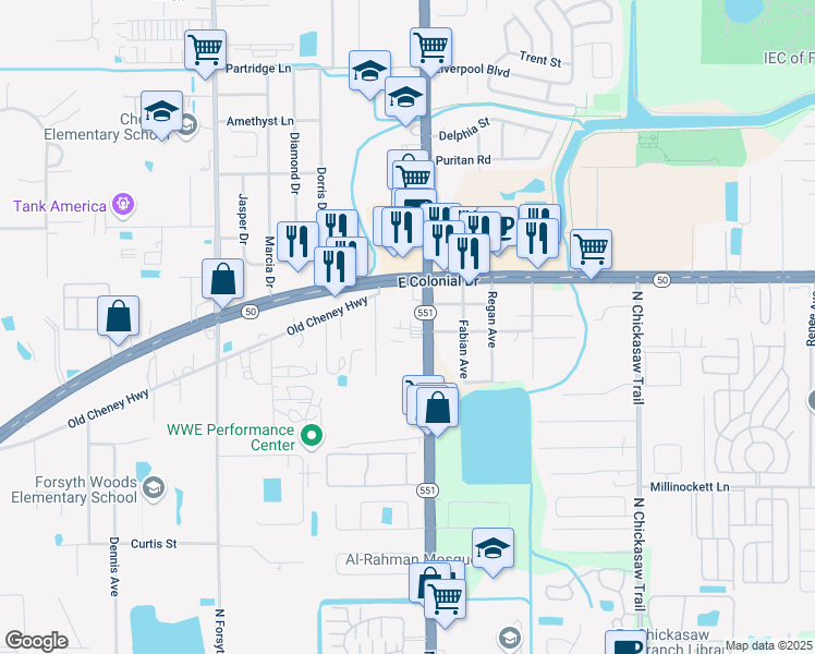 map of restaurants, bars, coffee shops, grocery stores, and more near 1300-1598 Highway 551 in Azalea Park