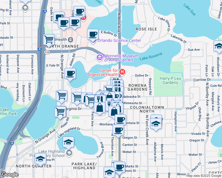 map of restaurants, bars, coffee shops, grocery stores, and more near 1617 Haven Drive in Orlando