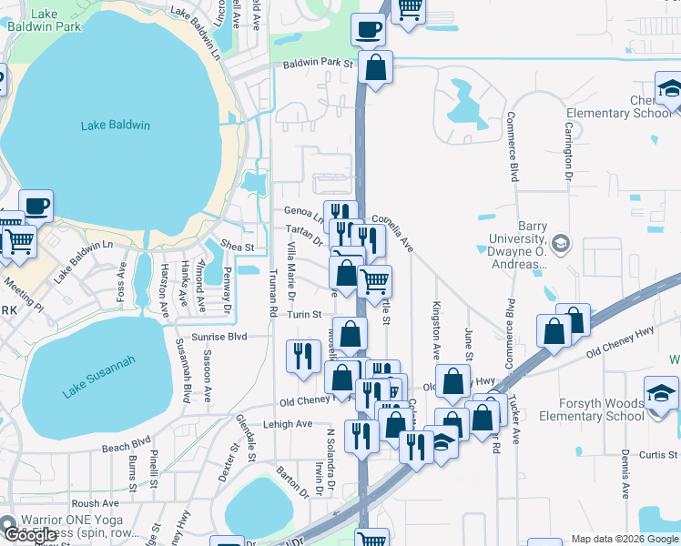map of restaurants, bars, coffee shops, grocery stores, and more near 1503 Moselle Avenue in Orlando