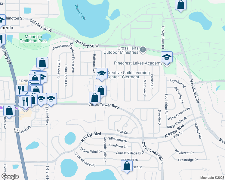 map of restaurants, bars, coffee shops, grocery stores, and more near 1153 Chelsea Parc Drive in Minneola