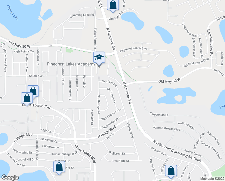 map of restaurants, bars, coffee shops, grocery stores, and more near 345 Sky Valley Street in Clermont