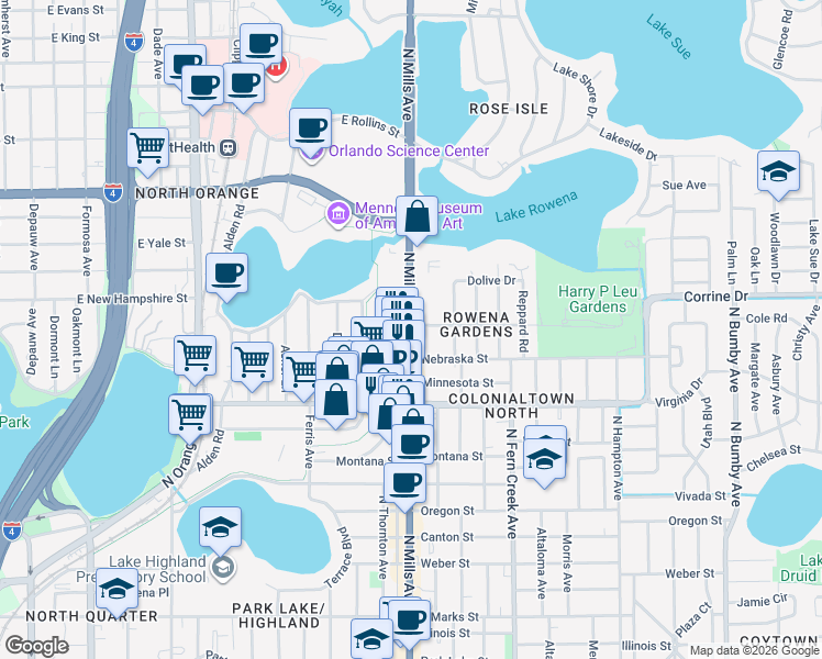 map of restaurants, bars, coffee shops, grocery stores, and more near 1621 North Mills Avenue in Orlando