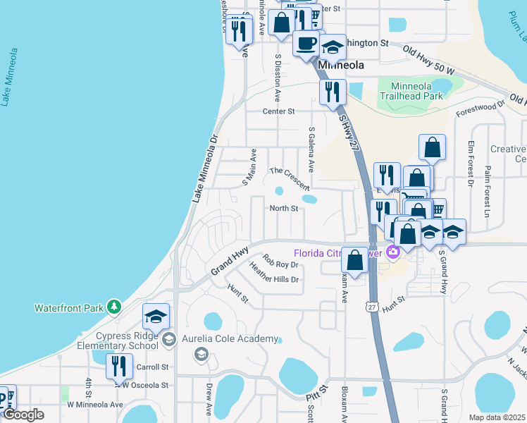 map of restaurants, bars, coffee shops, grocery stores, and more near 284 Edgewood Drive in Clermont